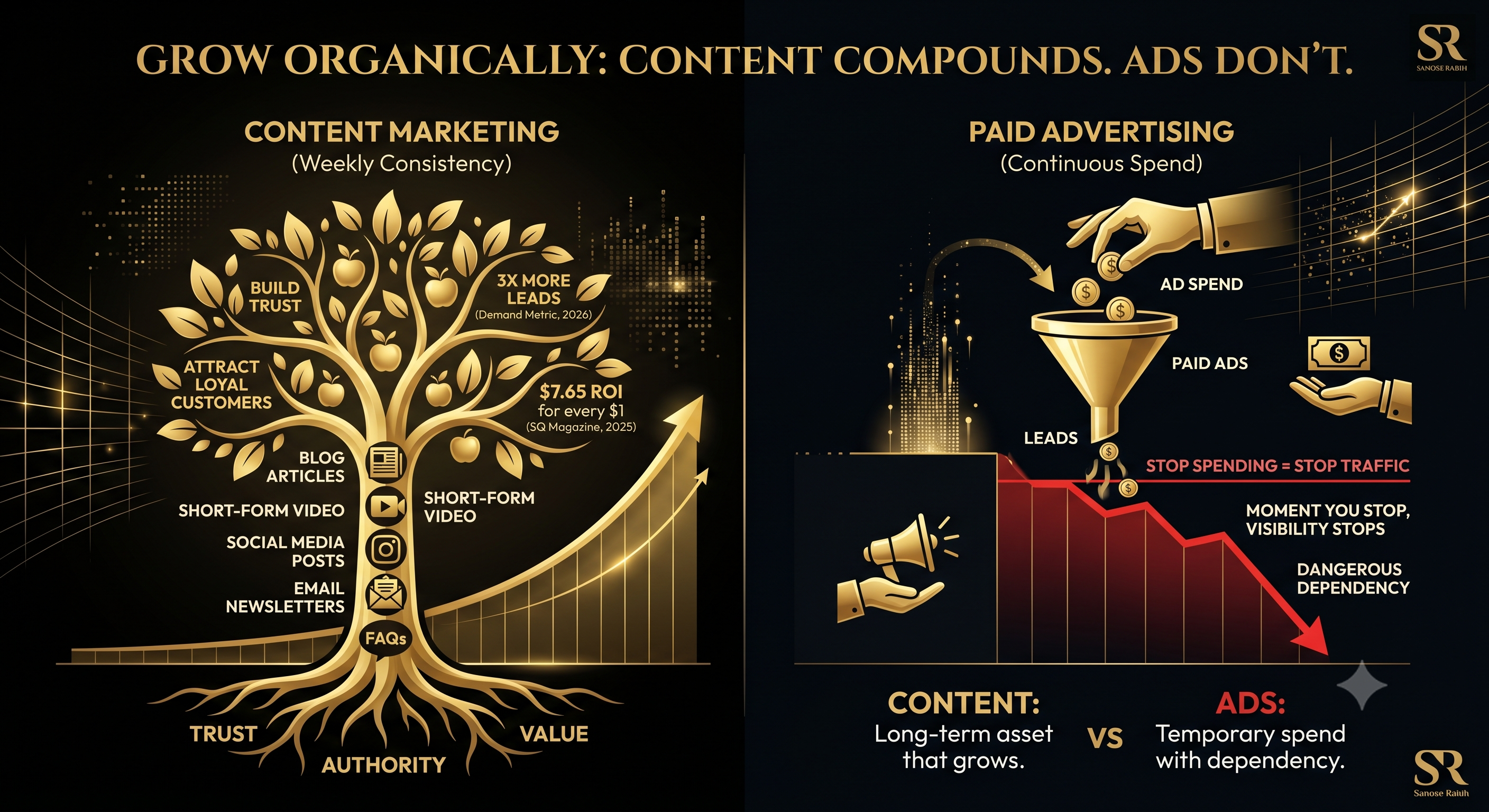 Infographic comparing content marketing and paid advertising — Content compounds over time while ads stop the moment you stop spending. Includes statistics: 3× more leads (Demand Metric 2026) and $7.65 ROI per $1 (SQ Magazine 2025).